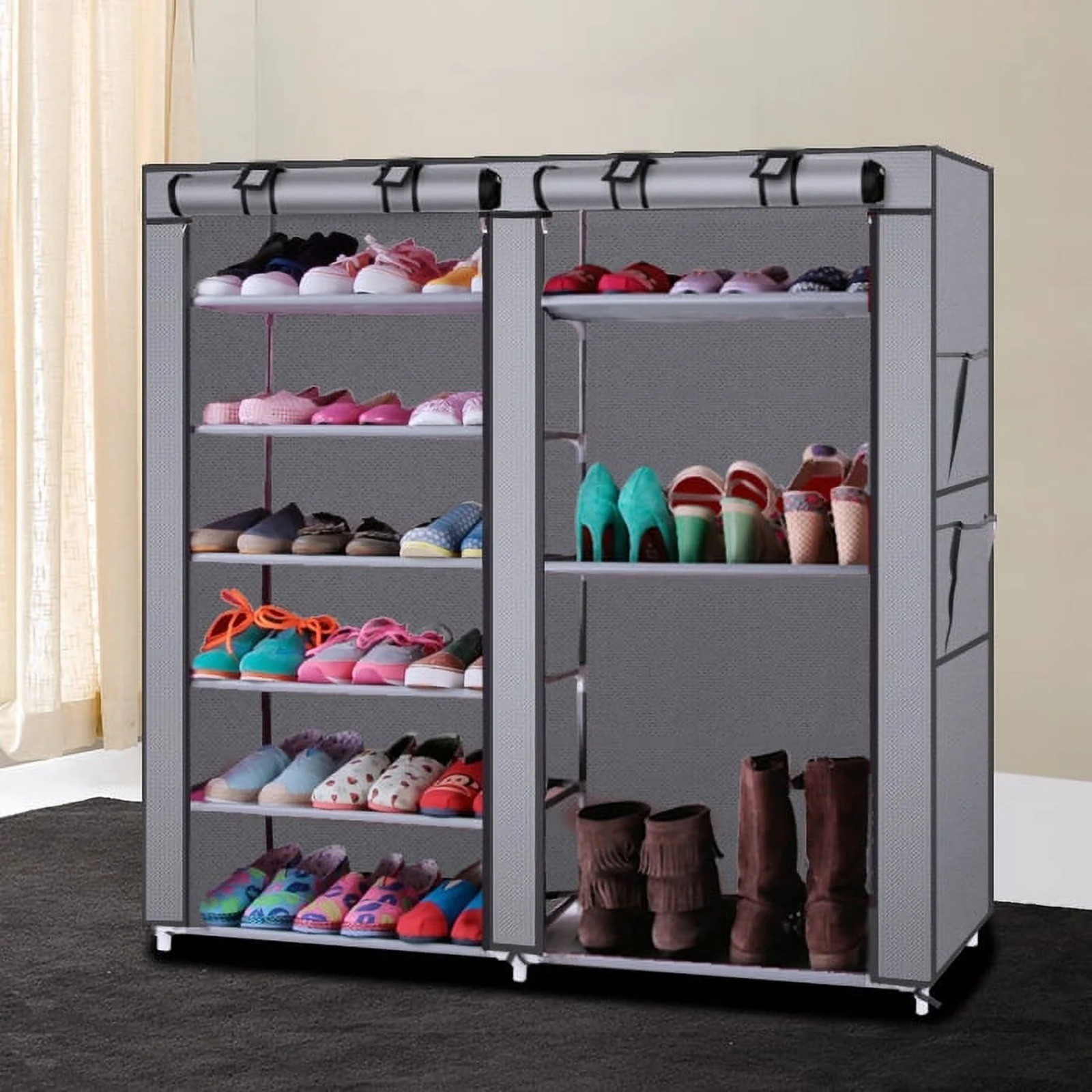 6-Row Shoe Rack with 12 Lattices in Gray Non-Woven Fabric-image