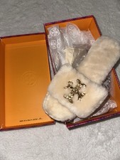 Tory Burch Jeweled Double T Shearling Fur Slide Buttermilk 8.5