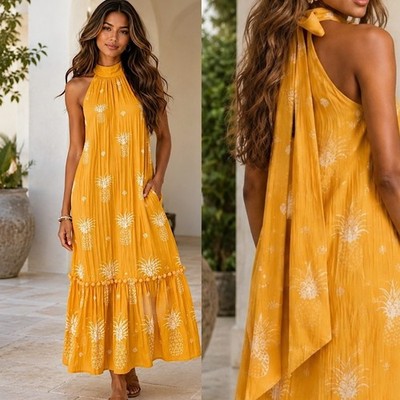ON 34TH Pineapple Print M Maxi Dress Yellow Halter Pocket Resort European Summer