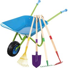 5 Pcs Kids Gardening Tool Set, Metal Wheelbarrow with Kids Shovel Rake Hoe