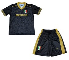 Youth Mexico Fan Soccer Uniform Kit Set Shorts, Jersey Calendario Black/Gold