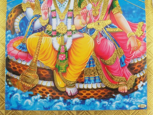 Gold Foil Embossed Hindu God Picture LORD VISHNU GODDESS LAKSHMI 13.3 x 18.4 cm - Picture 3 of 3