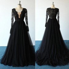Gothic Black Wedding Dresses V Neck Long Sleeve Lace Applique A Line Bridal Gown