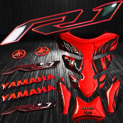 Chrome Red Tribal Fire Gas/Fuel Tank Pad+3D 6'' Logo+YZF-R1 2-Tone Emblem Sticker