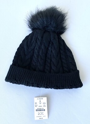 J Crew Black Cable Knit Pom Pom Faux Fur Hat Retails $49.50  display picture 3