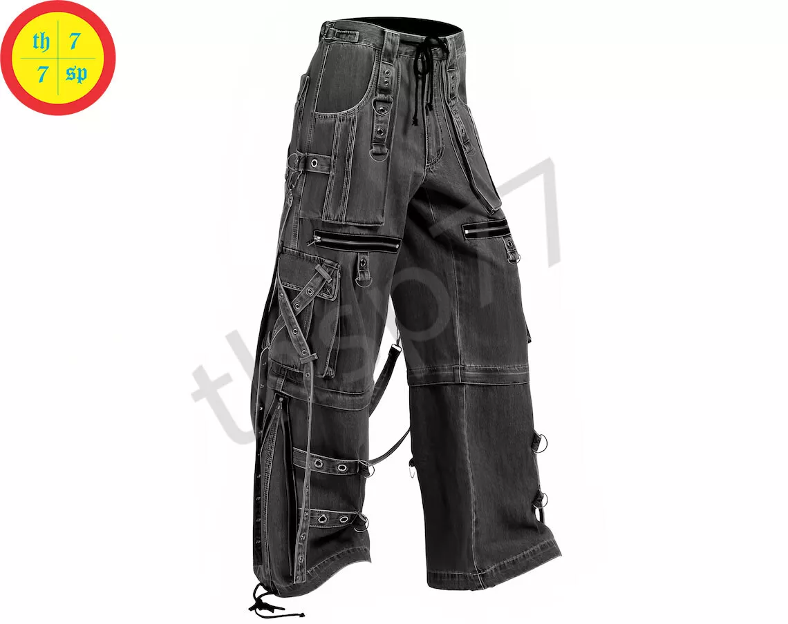 Men Goth Grey X Strap Denim Pant TRIPP Pants Raver Punk Rock EMO Cargo  Trousers