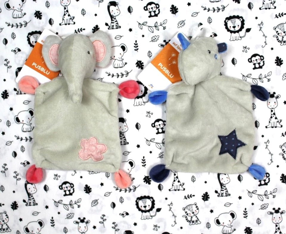 Neu PUSBLU / dm ELEFANT / NASHORN Schmusetuch Kuscheltuch Schnuffeltuch
