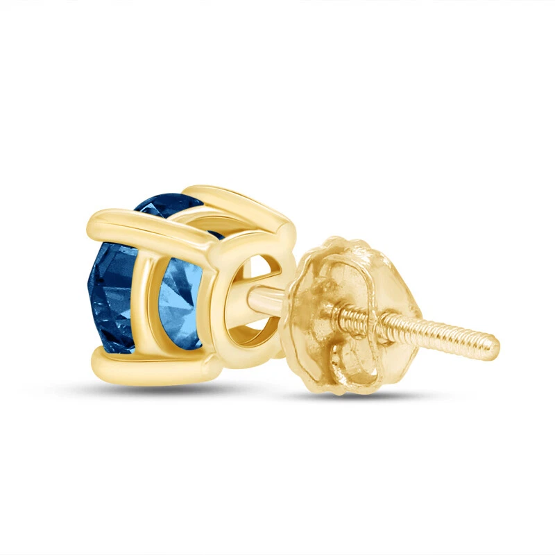 Aretes solitarios individuales para hombre circonita cúbica azul en oro amarillo de 14 K Foto 3 de 4