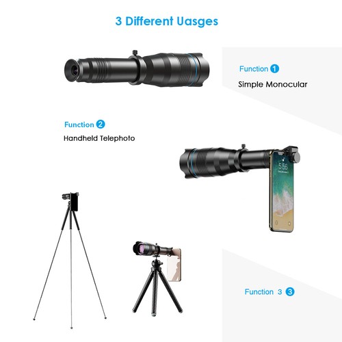 APEXEL 60x Zoom Monocular Telescope Telephoto Lens With Bluetooth Remote Tripod - Picture 11 of 15
