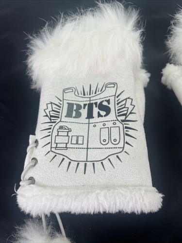 BTS White Fur Army Mitt Fingerless Gloves KPOP Merch RARE - Picture 3 of 7