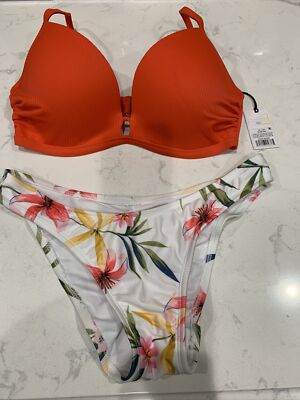 Light Lined Ribbed Bikini Set  Top - Shade & Shore  Orange 34D Floral Bottom Med