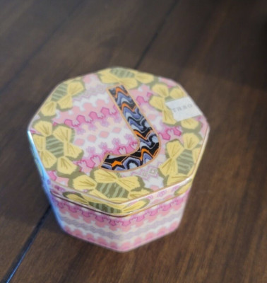 Anthropology Trinket Dish W/Ltr  J  Monogrammed Cover Octagon Shape Colorful 