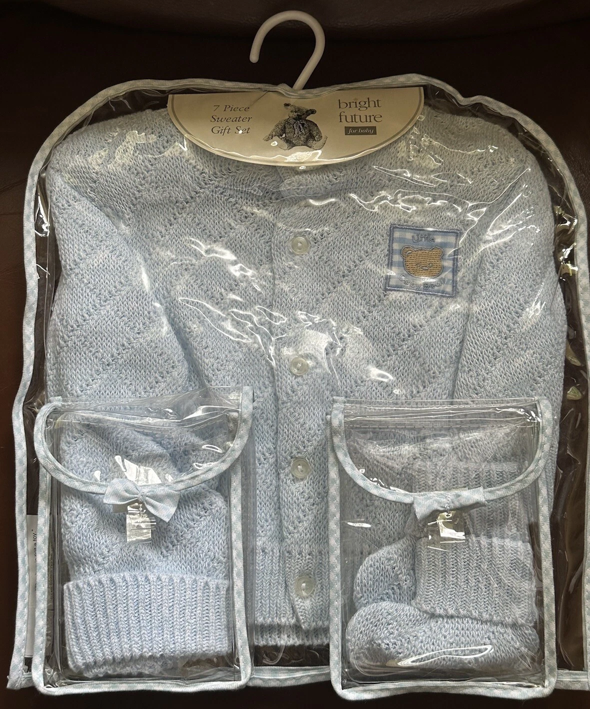 Baby Sweater Set Bright Future Baby Blue Hat Booties Hanger 6-9 Mos Vintage JCP