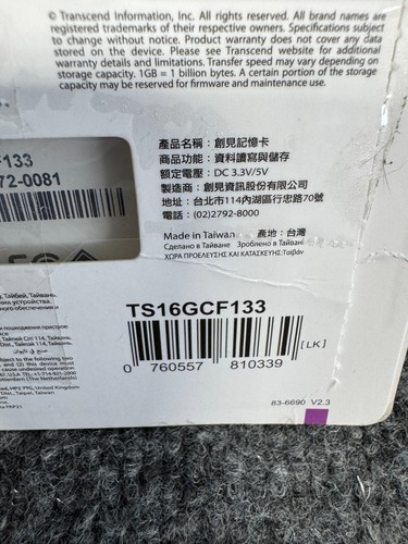 Transcend Compact Flash 16GB 133x Supports Ultra DMA Mode 0-4 Data Transfer Rate - Picture 5 of 6