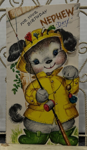 Tarjeta de felicitación vintage Gibson para tu cumpleaños sobrino cachorro de pesca en impermeable - Imagen 1 de 11