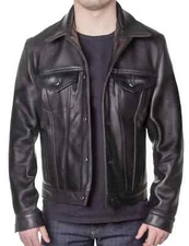 Mens Black Trucker Moto Biker Jacket 100% Pure Lambskin Leather Denim Style Coat