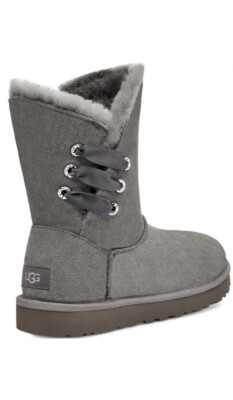 UGG Constantine Charcoal Suede Shearling Lace Trim Short Boots