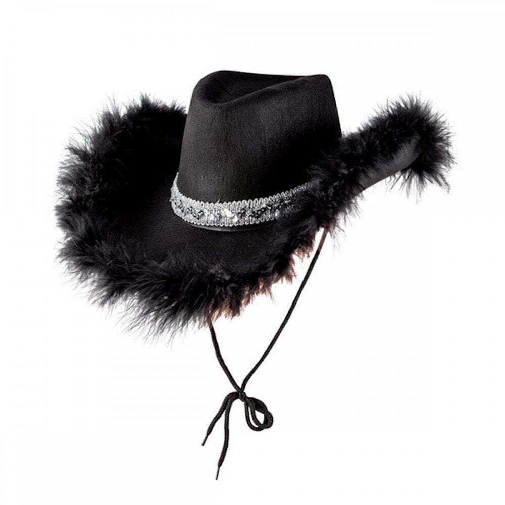 1 x BLACK Marabou Feather Texan Cowgirl Hat Wild West Rodeo Pop Tour Fancy Dress