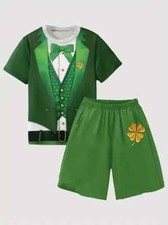 St. Patrick's Day Costume Set. Green Hat Day Boy's Shorts and T-Shirt Set 9-10 y