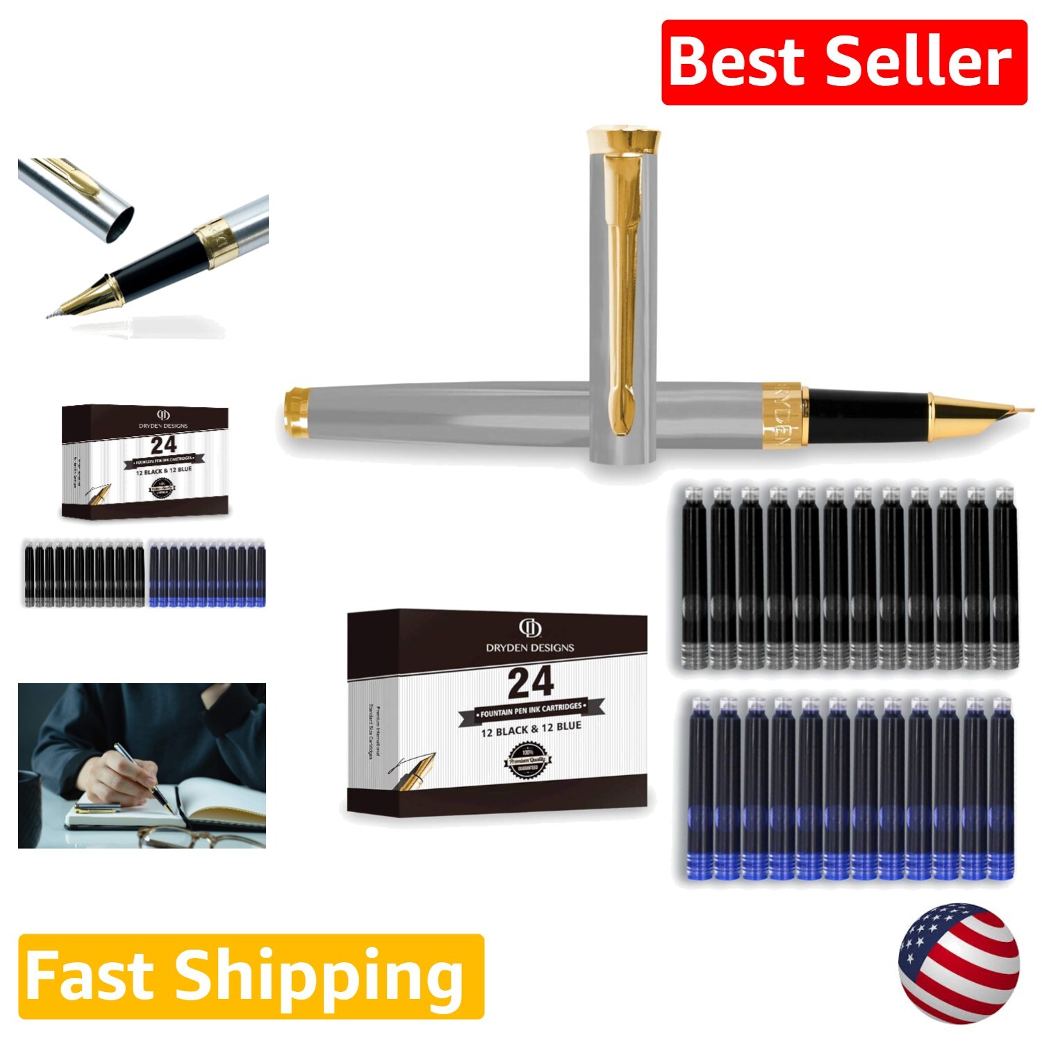 Smooth Writing Fountain Pen with Fine Nib - Includes 24 Ink Cartridges