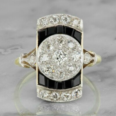 White CZ Retro Onyx Black Stone Wedding Ring 14K White Gold