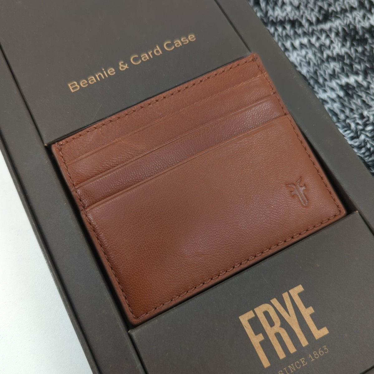 New FRYE Beanie with Pom & Leather Card Case Gift Set Frye Pom Beanie And Card Case Set Tan Brown Leather NEW  main image 4