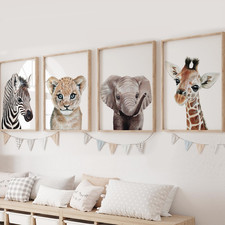 Unframed Safari Nursery Wall Art - Set of 4 Animal Wall Decor for Baby Nursery -