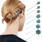7PCS Turquoise Retro Decorative Bobby Pins Western Silver Metal Hair Clips Vinta