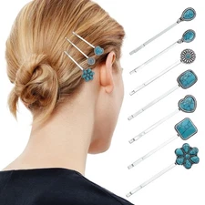 7PCS Turquoise Retro Decorative Bobby Pins Western Silver Metal Hair Clips Vinta