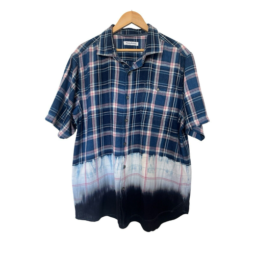 Tommy Bahama Camp Shirt Men XL Soul Cal Surf Plaid Tie Dye Button Up 100% Cotton