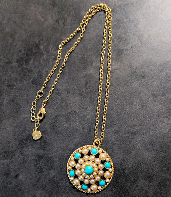 Monet Gold Tone Turquoise Faux Pearl Medallion Pendant Necklace 20''