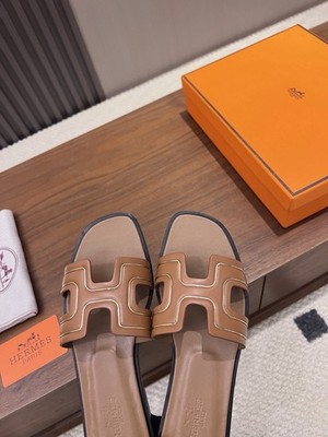 Hermès Brown Leather Logo H-Strap Slide Sandals Women s US 7.5 New w/ Box