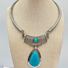 VTG Western Silver Tone Faux Turquoise Teardrop Filigree Collar Choker Necklace