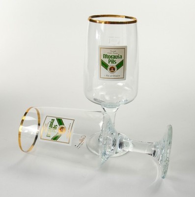 2 X Moravia Pils Bierglas Stielgläser Colani Biertulpe 0,25l Goldrand Pokal 0076