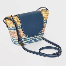 Universal Thread Striped Straw Crossbody Bag Blue Multicolored