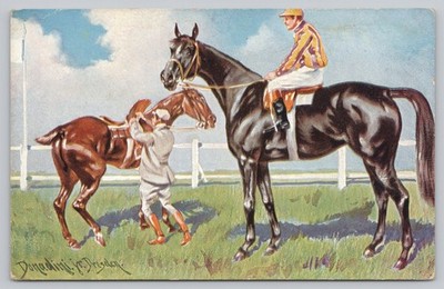 Postcard Horses and Riders Jockey's Artist Rendition Signed Foreign