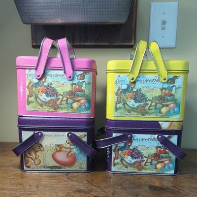 4 Happy Eastertide Tin Double Handles Easter Candy Metal  Basket Tins