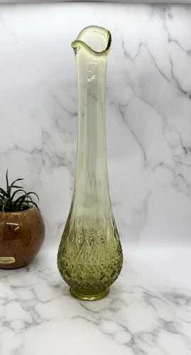 Vintage MCM OVG Fenton Glass Colonial Green Fine Cut And Block Swung Vase