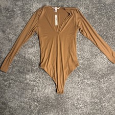 Victoria's Secret Tan Nude Long Sleeve Deep V Plunge Thong Bodysuit L NWT