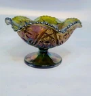 Vintage Imperial Carnival Glass Green PinkIridescent Pedestal Bowl Floral 4"