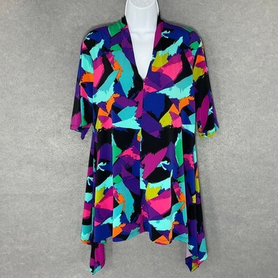 Chaus New York Top Womens Sz XL Colorful Abstract Handkerchief Hem Artsy Tunic