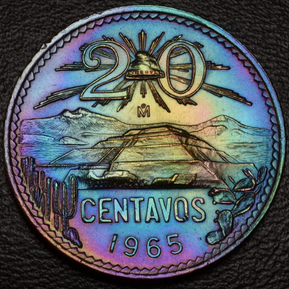 UNC 1965 México 20 Centavos PRECIOSO ARCO IRIS TONIFICACIÓN OBV y Rev (L50-40) Foto 2 de 3