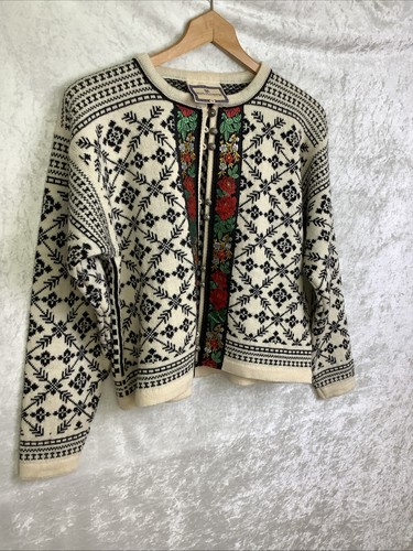 Dale Of Norway Womens Pure Wool Embroidered Ivory Black Geometric Sweatshirt - M - Picture 3 of 13