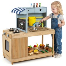 Mud Kitchen with Canopy, Fir Wood Play Kitchen Set for Boys Girls w/Water Tank