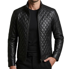 Men's Black Genuine Leather Jacket Quilted Stylish Biker Outerwear Coat Jacket