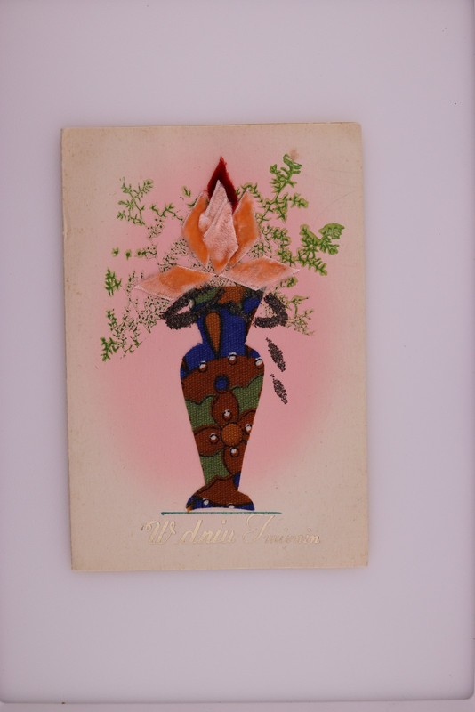 1937 Polish Fabric Applique Name Day Greeting Card Vase Flowers Used