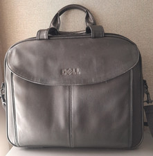 DELL Men's Classic Black Leather Multi Pocket Laptop Bag with Shoulder Strap