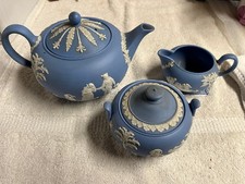 Wedgwood Jasperware Blue White Tea Set Teapot Sugar Creamer 1950s Vintage