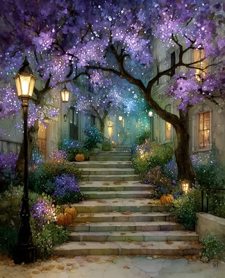 8x10 Cozy Storybook Street with Tree and Stairs Art Print Heritage - 254510525