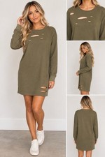 Missguided women’s olive green Distressed Long Sleeve T-Shirt Dress size 6 NWT